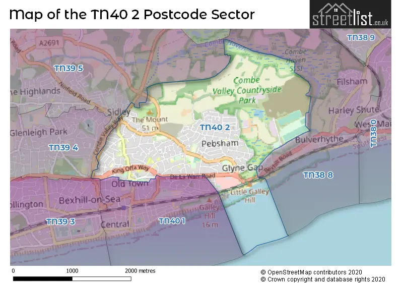 Map of the TN40 2 and surrounding postcode sector