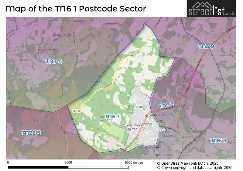 Map of the TN6 1 and surrounding postcode sector