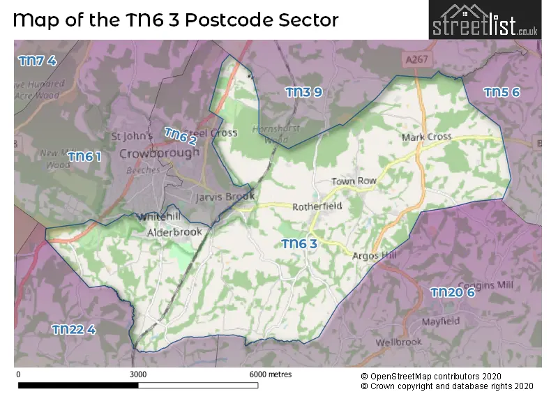 Map of the TN6 3 and surrounding postcode sector