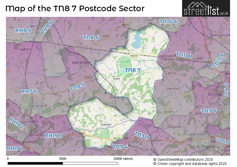Map of the TN8 7 and surrounding postcode sector
