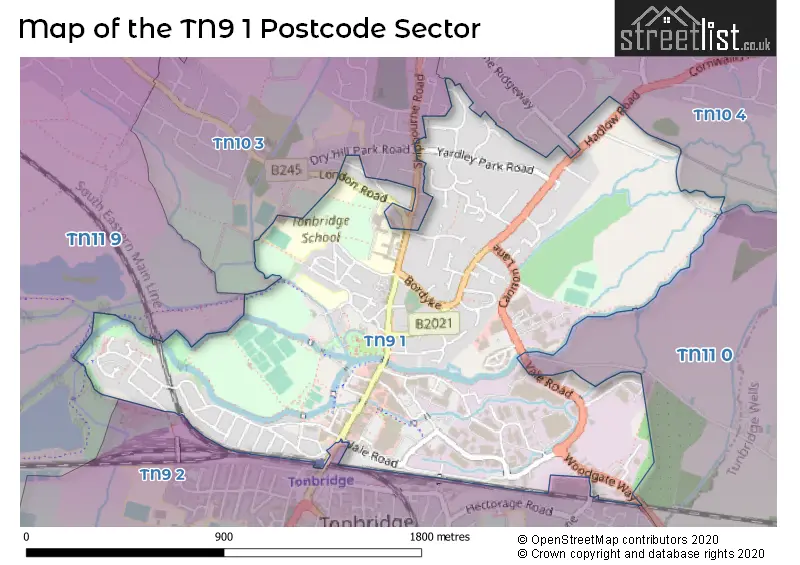 Map of the TN9 1 and surrounding postcode sector