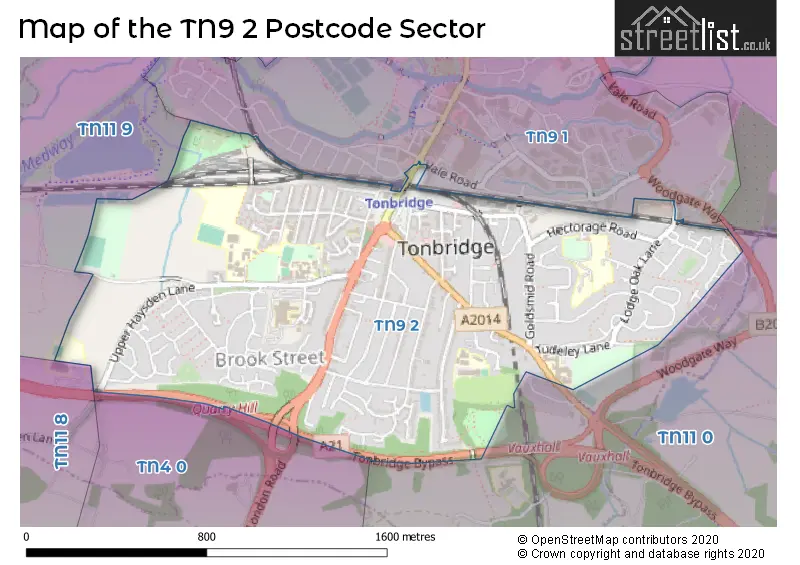 Map of the TN9 2 and surrounding postcode sector