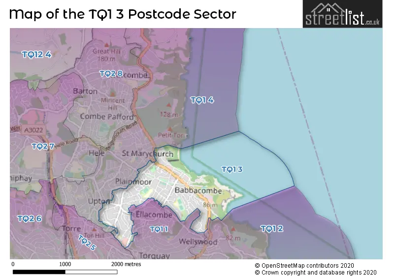 Map of the TQ1 3 and surrounding postcode sector