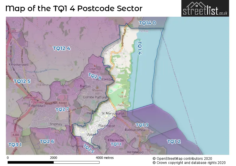 Map of the TQ1 4 and surrounding postcode sector