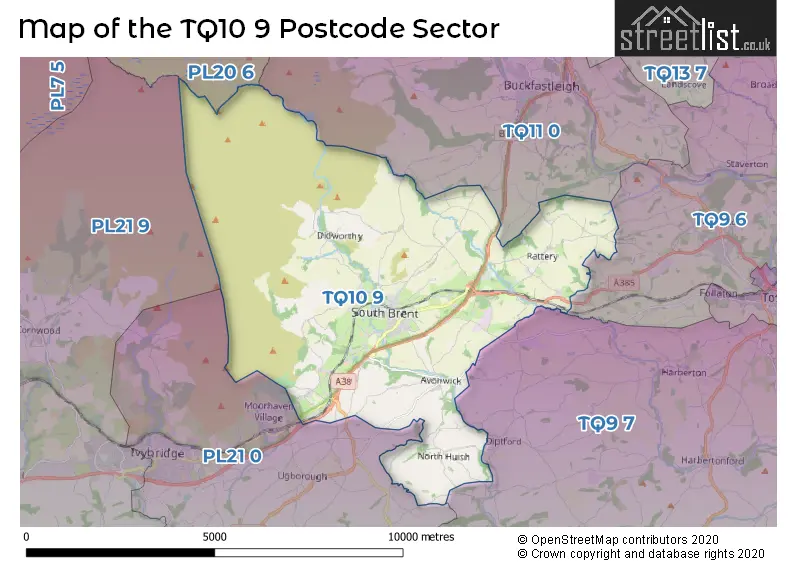 Map of the TQ10 9 and surrounding postcode sector