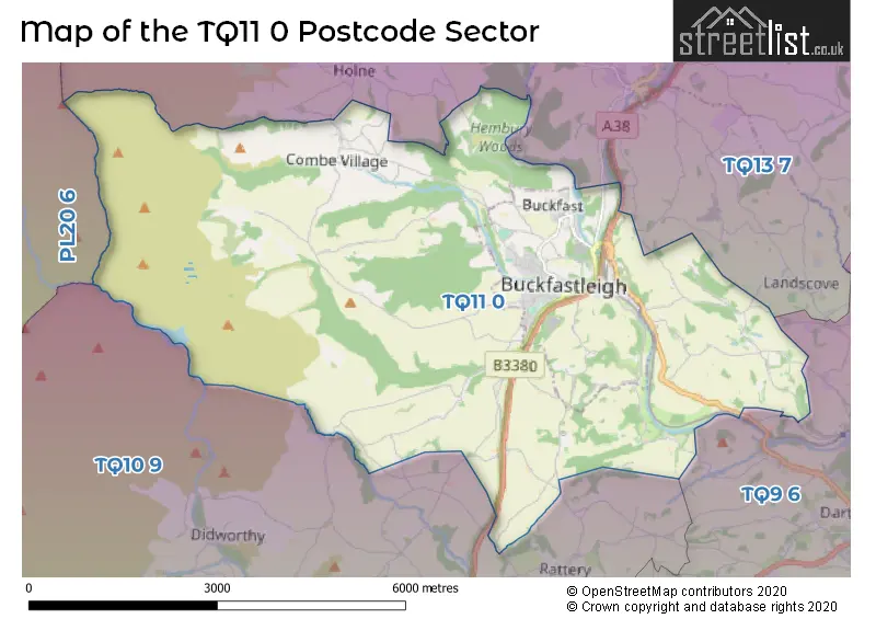 Map of the TQ11 0 and surrounding postcode sector