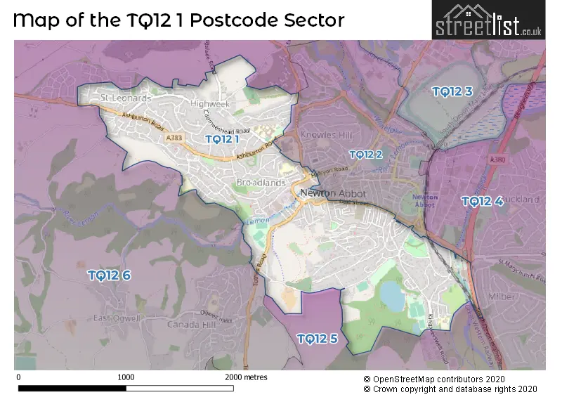 Map of the TQ12 1 and surrounding postcode sector