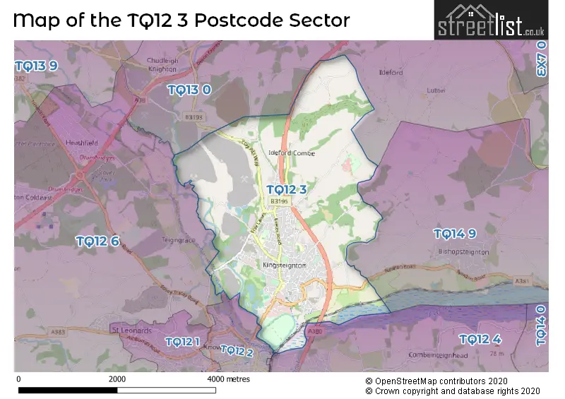 Map of the TQ12 3 and surrounding postcode sector