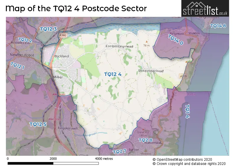 Map of the TQ12 4 and surrounding postcode sector