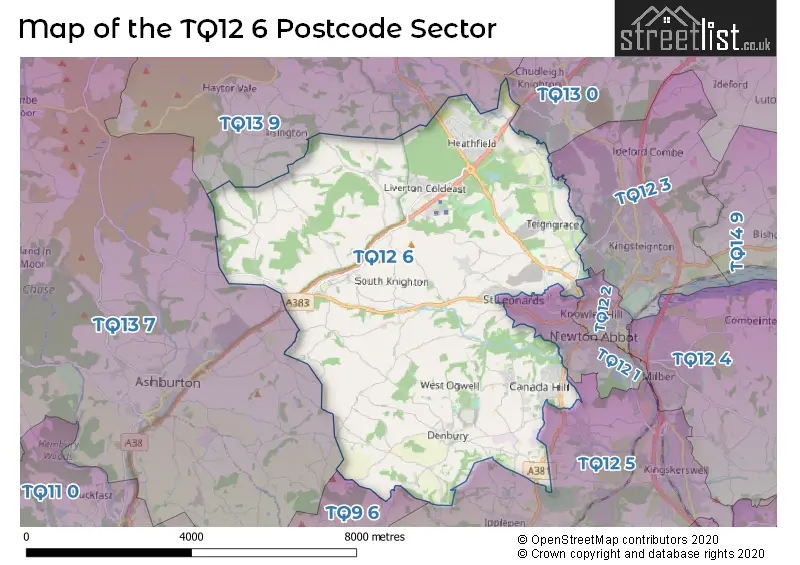 Map of the TQ12 6 and surrounding postcode sector