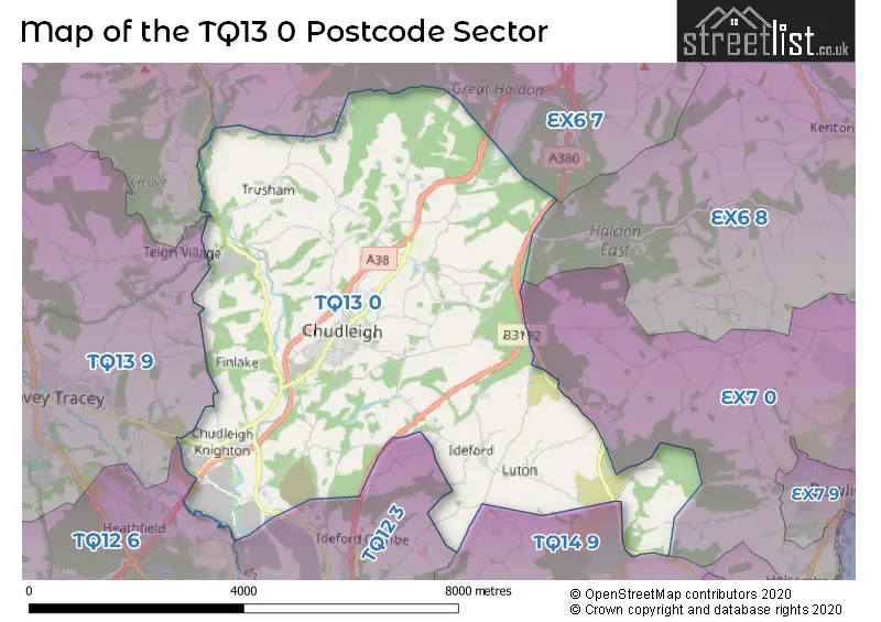 Map of the TQ13 0 and surrounding postcode sector