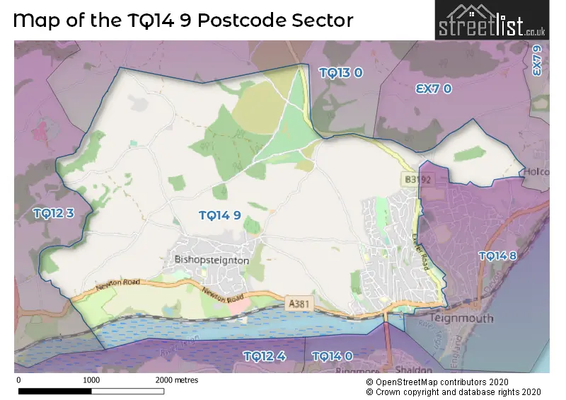 Map of the TQ14 9 and surrounding postcode sector