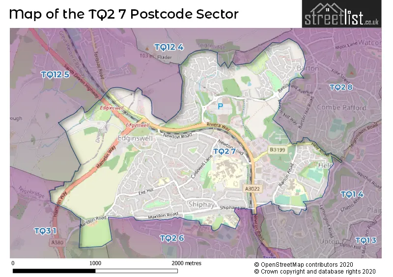 Map of the TQ2 7 and surrounding postcode sector