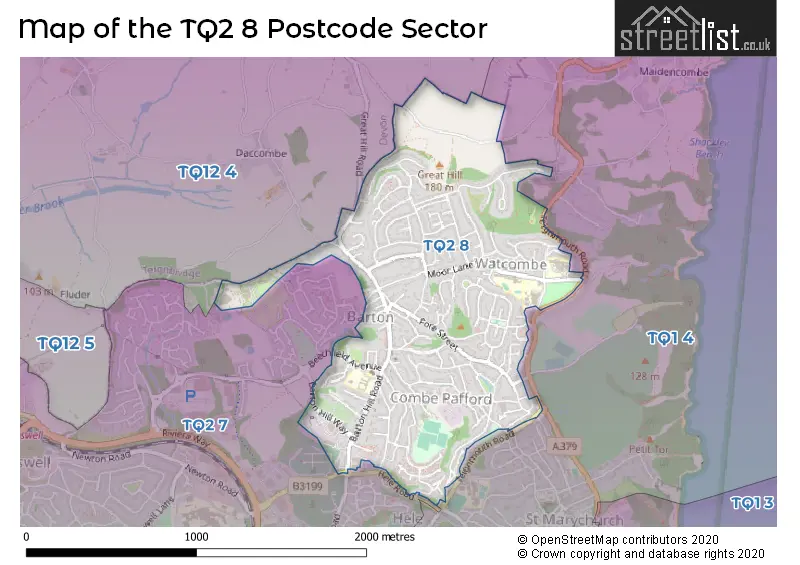 Map of the TQ2 8 and surrounding postcode sector