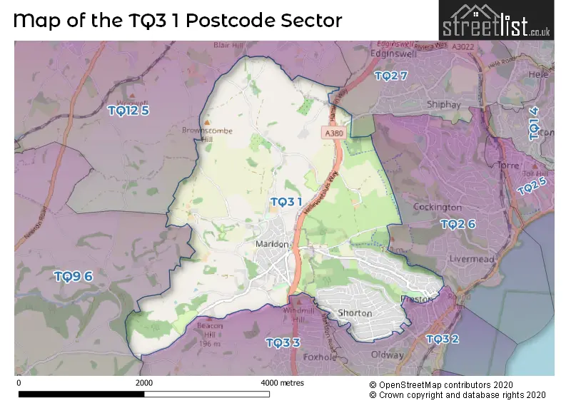 Map of the TQ3 1 and surrounding postcode sector