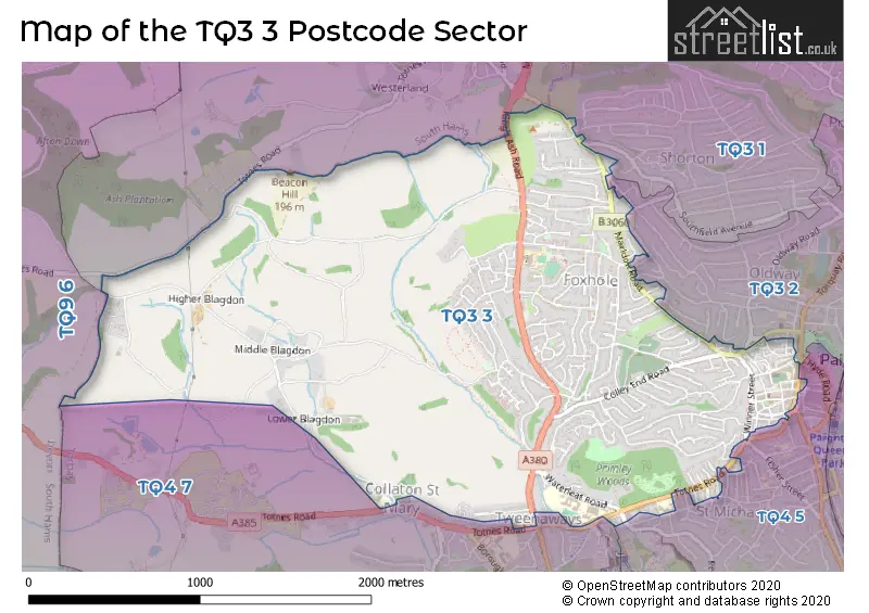 Map of the TQ3 3 and surrounding postcode sector
