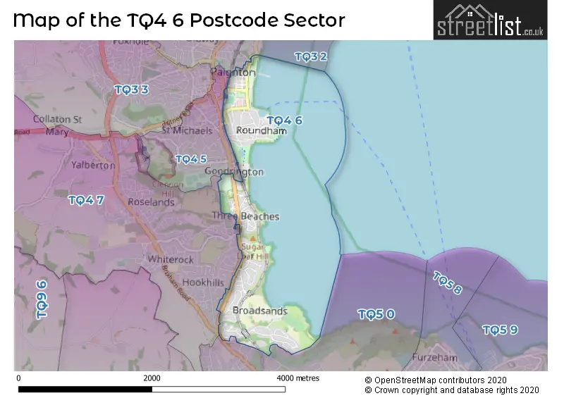 Map of the TQ4 6 and surrounding postcode sector