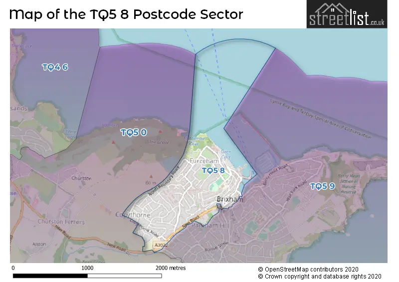 Map of the TQ5 8 and surrounding postcode sector