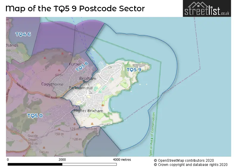 Map of the TQ5 9 and surrounding postcode sector