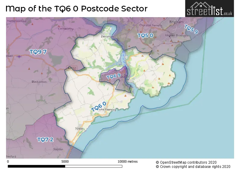 Map of the TQ6 0 and surrounding postcode sector