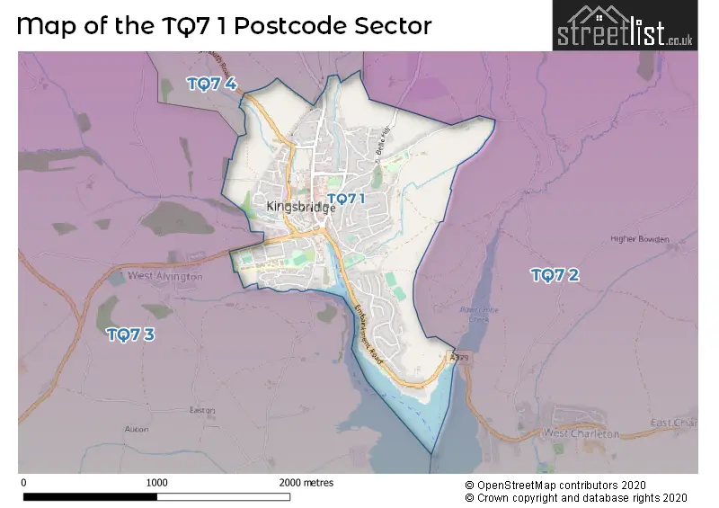 Map of the TQ7 1 and surrounding postcode sector