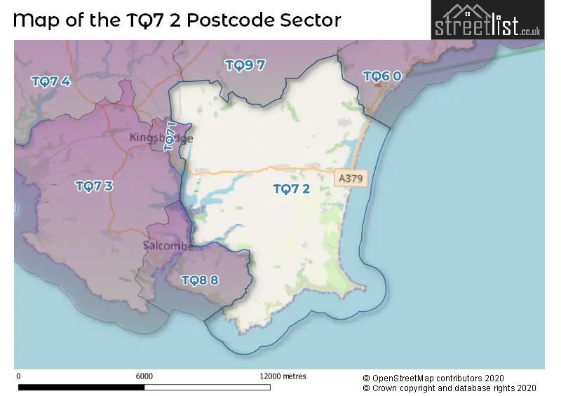 Map of the TQ7 2 and surrounding postcode sector