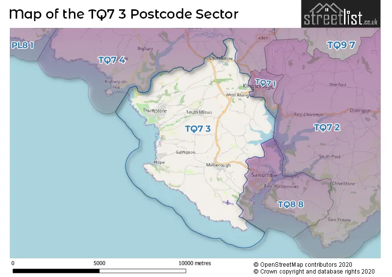 Map of the TQ7 3 and surrounding postcode sector