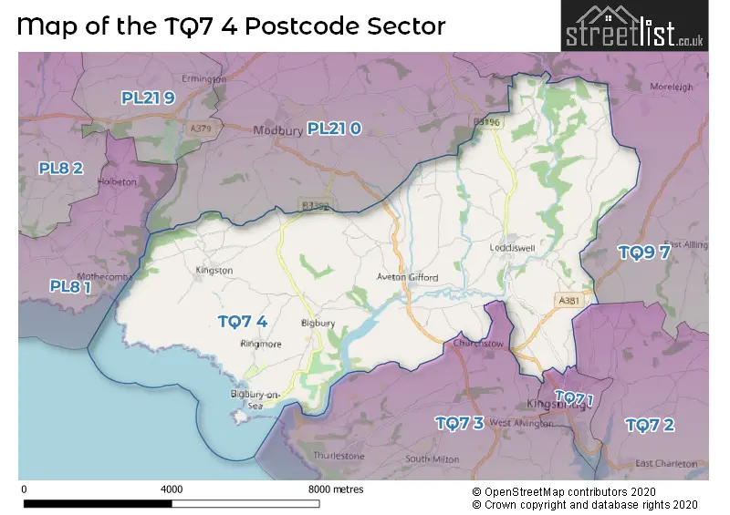 Map of the TQ7 4 and surrounding postcode sector