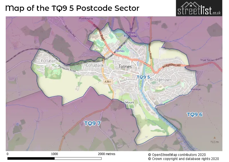 Map of the TQ9 5 and surrounding postcode sector