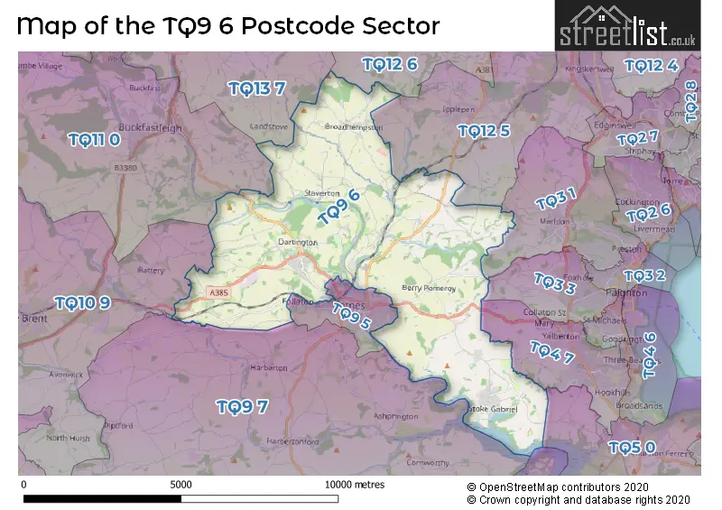 Map of the TQ9 6 and surrounding postcode sector