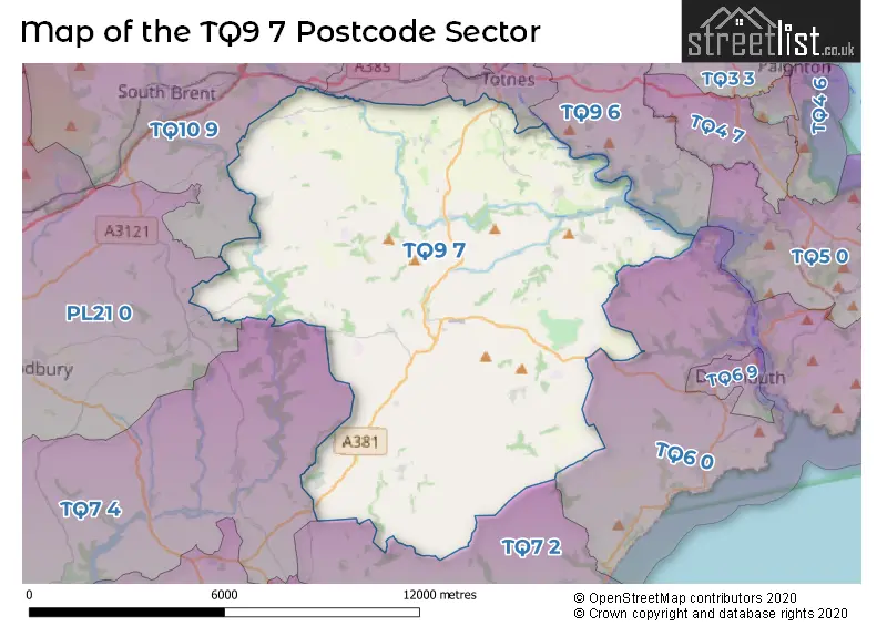 Map of the TQ9 7 and surrounding postcode sector