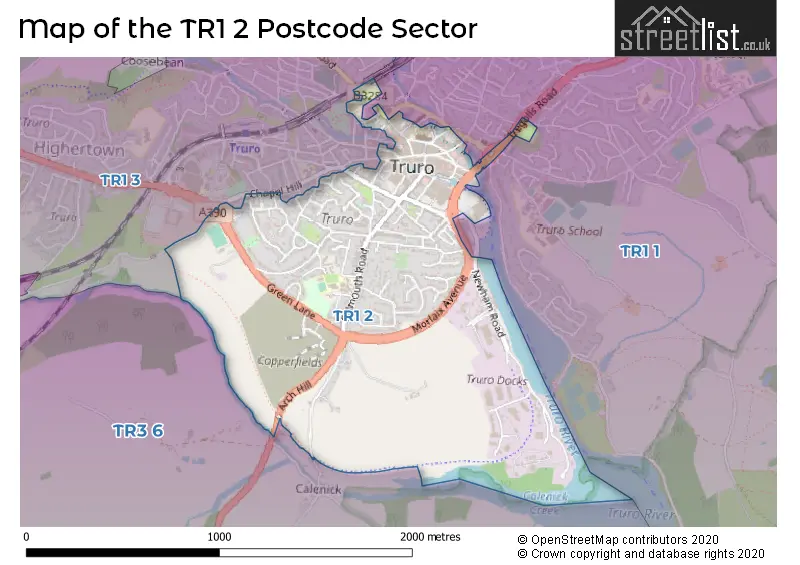 Map of the TR1 2 and surrounding postcode sector