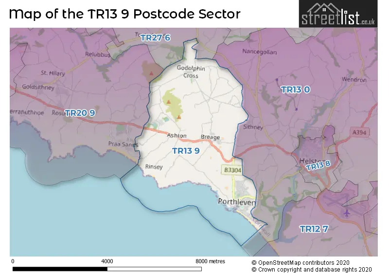 Map of the TR13 9 and surrounding postcode sector