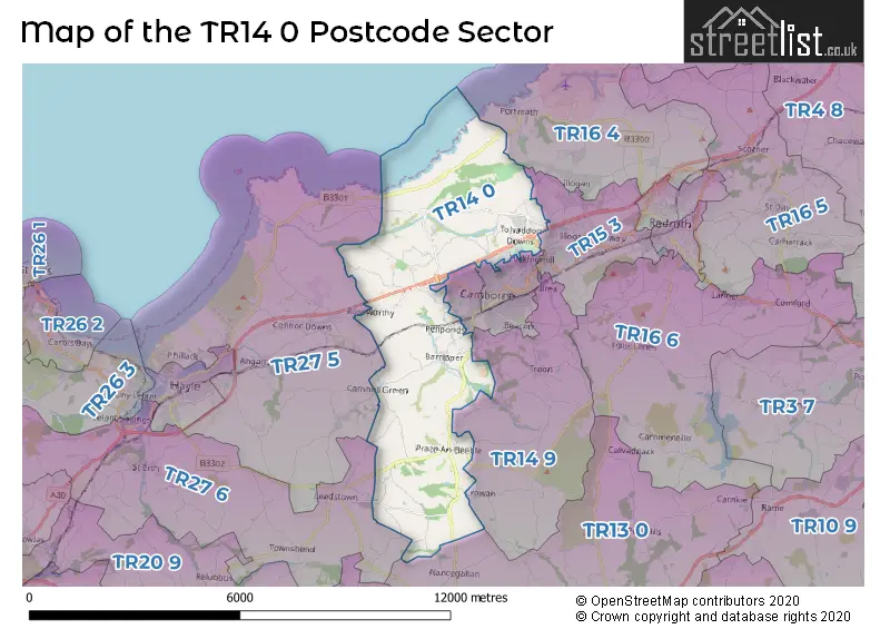 Map of the TR14 0 and surrounding postcode sector