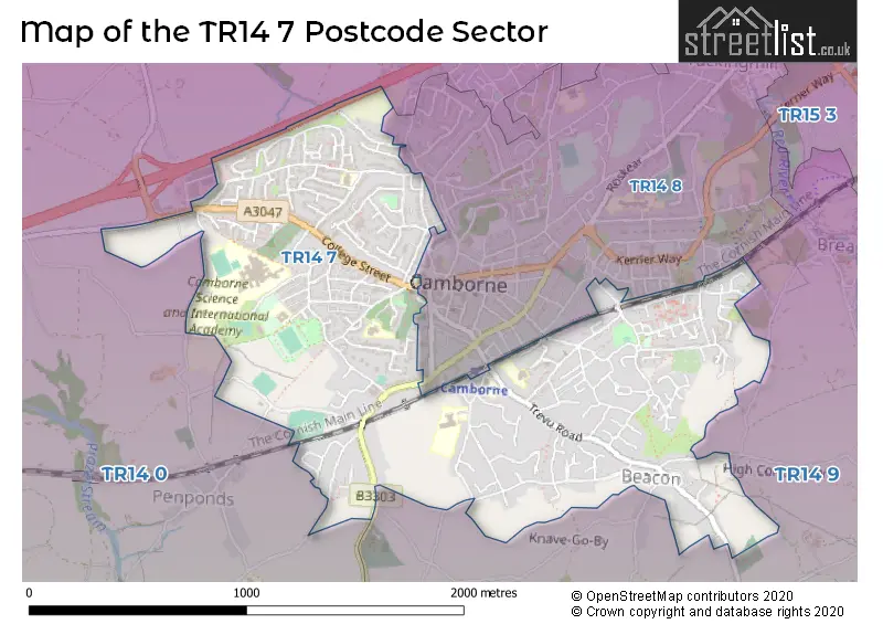 Map of the TR14 7 and surrounding postcode sector