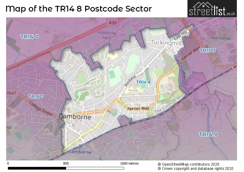Map of the TR14 8 and surrounding postcode sector
