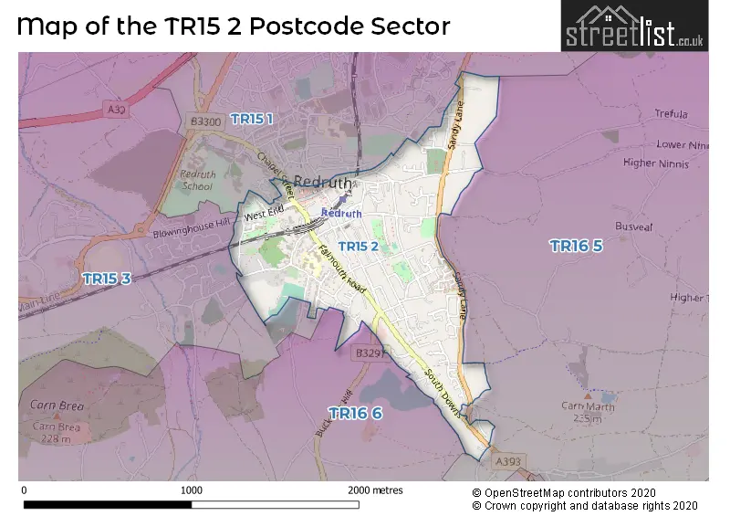Map of the TR15 2 and surrounding postcode sector
