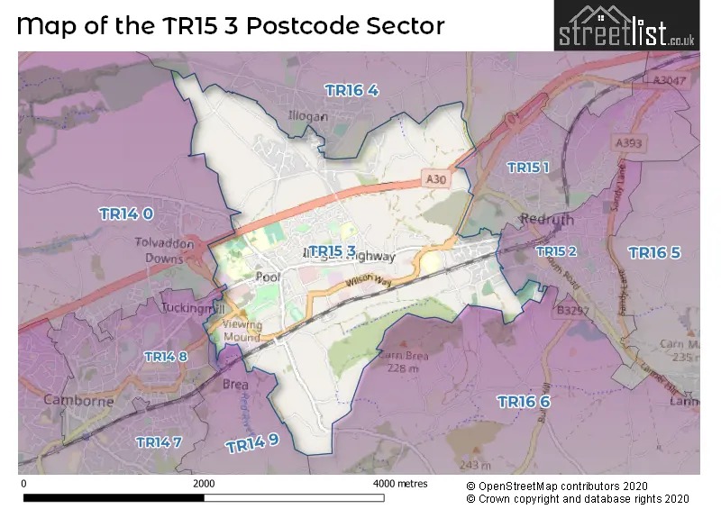Map of the TR15 3 and surrounding postcode sector
