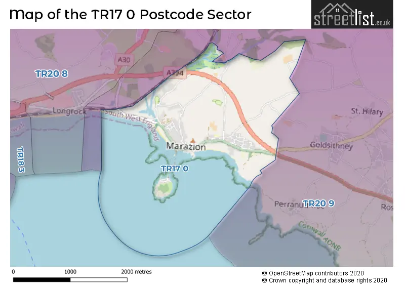 Map of the TR17 0 and surrounding postcode sector