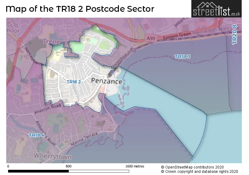 Map of the TR18 2 and surrounding postcode sector