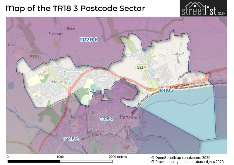 Map of the TR18 3 and surrounding postcode sector