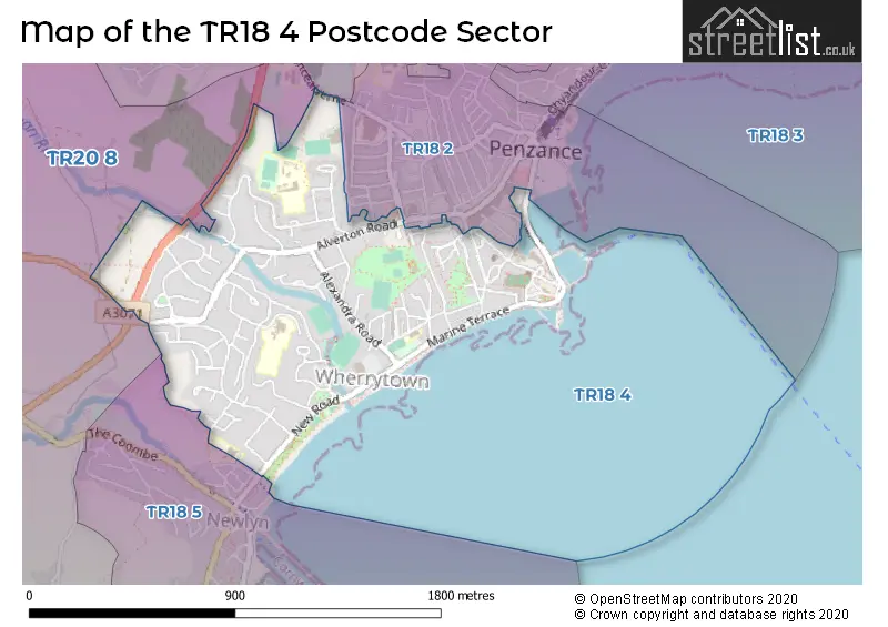 Map of the TR18 4 and surrounding postcode sector
