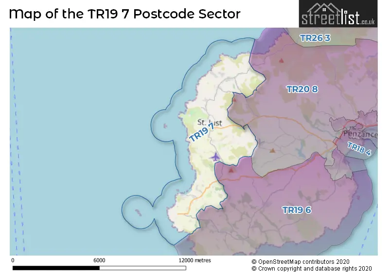 Map of the TR19 7 and surrounding postcode sector