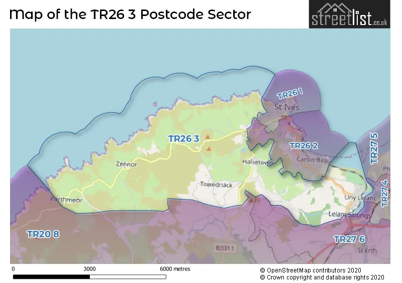 Map of the TR26 3 and surrounding postcode sector
