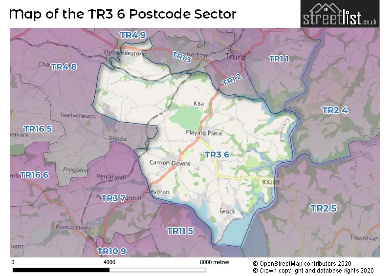 Map of the TR3 6 and surrounding postcode sector