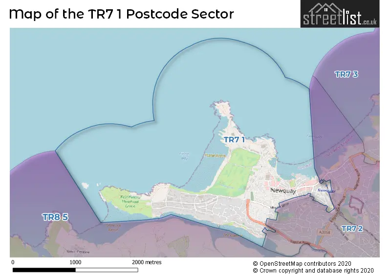 Map of the TR7 1 and surrounding postcode sector