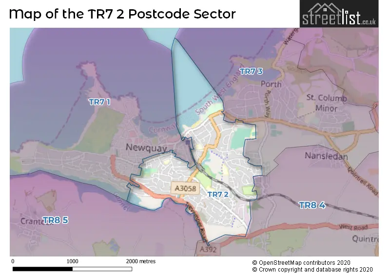 Map of the TR7 2 and surrounding postcode sector