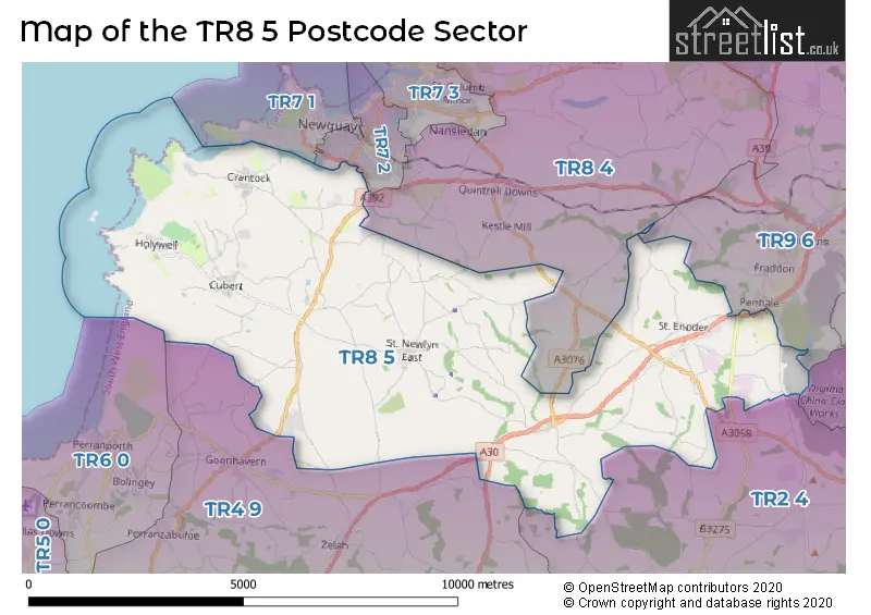 Map of the TR8 5 and surrounding postcode sector