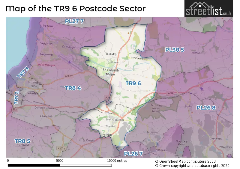 Map of the TR9 6 and surrounding postcode sector