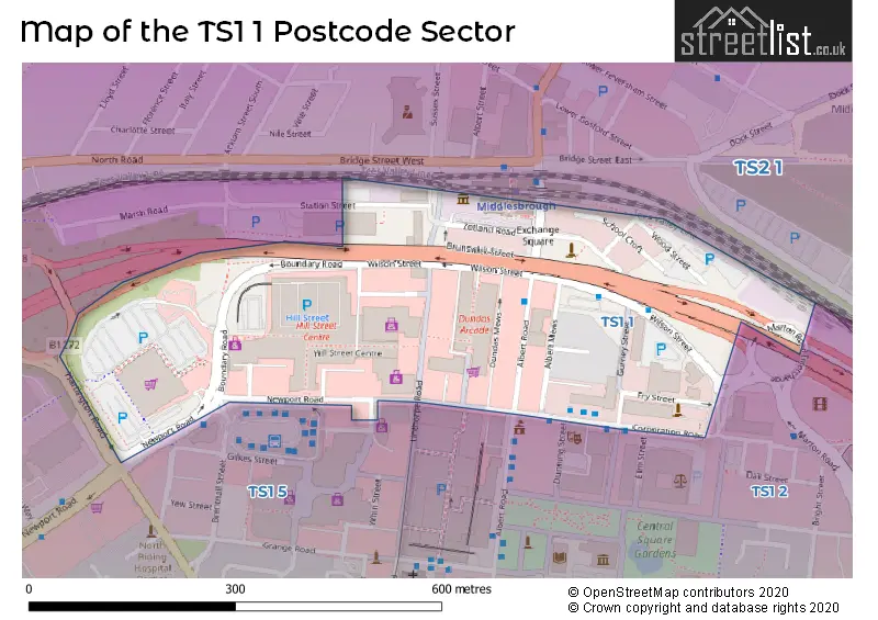 Map of the TS1 1 and surrounding postcode sector